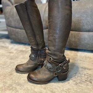 Freebird by Steven Dark Brown Leather Harness Knee Boots